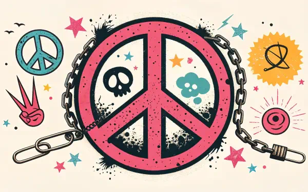 A vibrant 4K Ultra HD desktop wallpaper featuring a pink peace sign with a chain, surrounded by colorful elements like stars, skulls, and smiley faces, embodying a bold expression of peace.