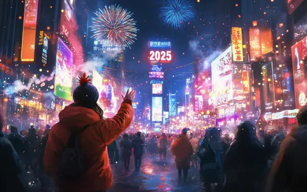 A vibrant New Year 2025 celebration, featuring stunning fireworks over a bustling city street, illuminated by bright advertisements and filled with excited crowds, captured in an HD desktop wallpaper.