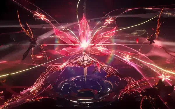 HD wallpaper from the video game Wuthering Waves featuring Camellya, surrounded by vibrant pink and red energy patterns, creating a dynamic and visually captivating scene.