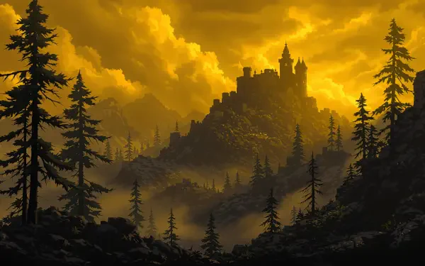 A stunning 4K Ultra HD desktop wallpaper featuring a silhouette of a castle against a dramatic golden sky, surrounded by dense trees and misty mountains.