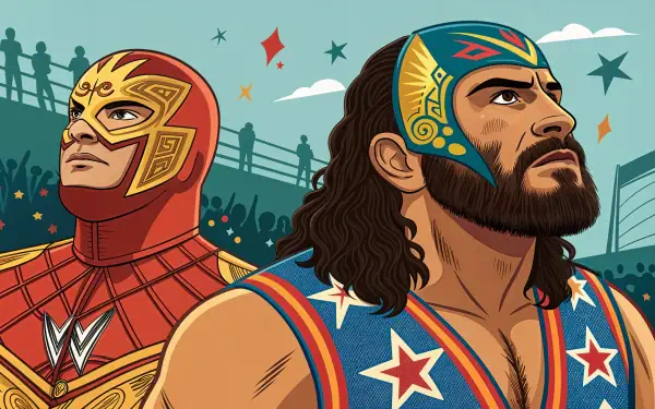 Colorful WWE-themed illustration featuring two masked wrestlers, one in red and gold and the other in blue and stars, set against a vibrant crowd backdrop. 4K Ultra HD desktop wallpaper.
