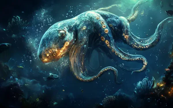 A stunning deep sea creature, featuring a luminescent octopus surrounded by bubbles and marine life, rendered in vibrant detail for a captivating 4K Ultra HD desktop wallpaper.