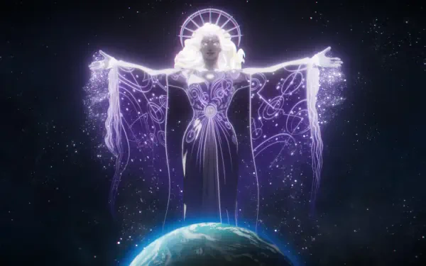 A captivating HD wallpaper from the TV show What If.... features a mystical figure with flowing robes, arms outstretched over a glowing Earth, against a starry cosmic backdrop.