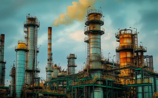 An industrial landscape featuring towering structures and smokestacks against a dramatic sky, presented as a 4K Ultra HD PC desktop wallpaper and background.