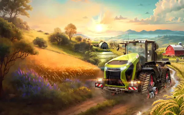 A vibrant scene from Farming Simulator 25, featuring a green tractor on a dirt path surrounded by golden fields and a picturesque sunset, serving as an HD PC desktop wallpaper.