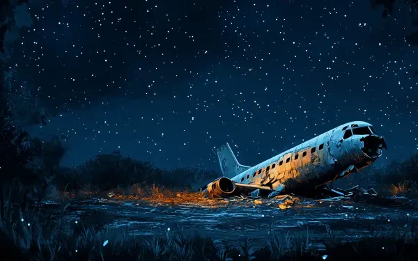 A haunting night sky filled with stars looms over a crashed airplane, creating a dramatic scene for an HD desktop wallpaper.