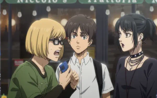 Anime characters Eren Yeager, Armin Arlert, and Mikasa Ackerman from Attack on Titan: The Last Attack are depicted in a vibrant HD wallpaper, showcasing their dynamic expressions.