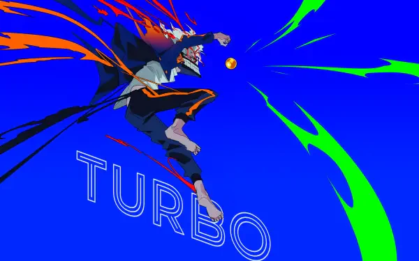 Vibrant 4K Ultra HD anime wallpaper featuring a dynamic character from Dandadan with energetic colorful streaks and the word TURBO on a bright blue background.