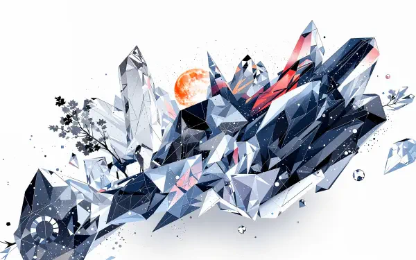 A stunning 4K Ultra HD wallpaper featuring a dynamic arrangement of geometric crystals and vibrant colors, set against a clean background for a striking desktop display.