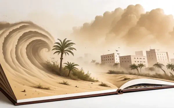 A captivating 4K Ultra HD wallpaper depicting a dramatic sandstorm, with a wave of sand approaching palm trees and buildings, blending nature and urban elements in a stunning scene.