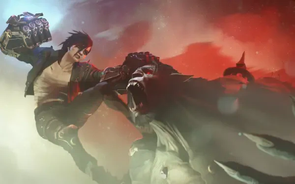 Action-packed HD wallpaper featuring characters VI and Warwick from the TV show Arcane, set in the League of Legends universe, showcasing a dynamic confrontation.