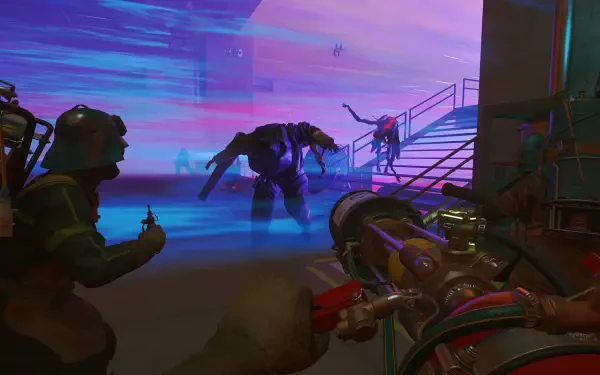 HD PC desktop wallpaper from the video game FBC: Firebreak, featuring a tense combat scene with armed characters facing a large robotic enemy in a futuristic setting.