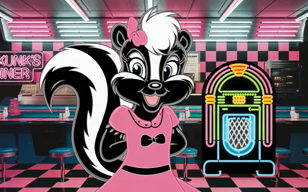 A vibrant 4K Ultra HD wallpaper featuring a cartoon skunk in a pink dress, smiling in a retro diner setting with neon accents and a jukebox in the background.