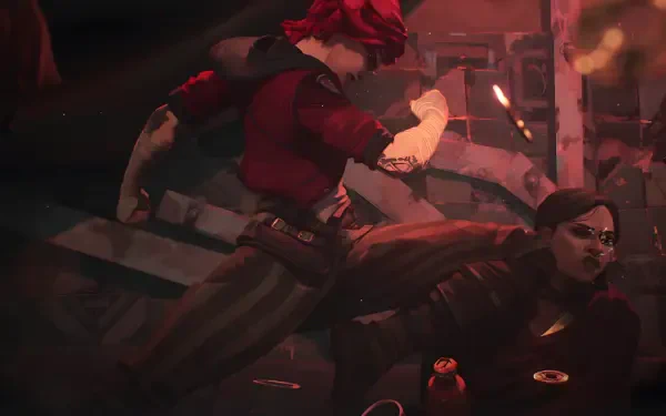 A dynamic scene from the TV show Arcane, featuring Sevika and Vi from League of Legends, captured in stunning 4K Ultra HD detail, showcasing their intense confrontation.