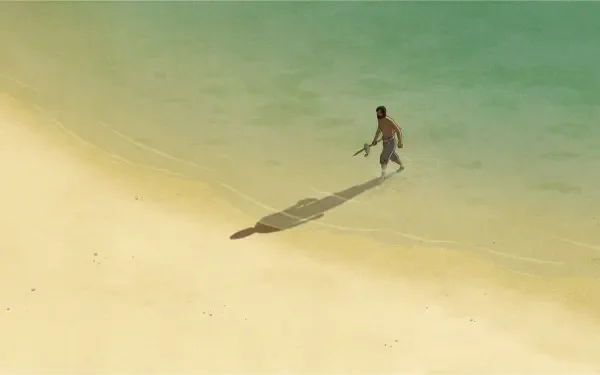 A scene from the movie The Red Turtle featuring a solitary figure walking on a vast, sunlit beach, captured in 4K Ultra HD for a PC desktop background.