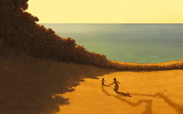 A serene scene from the Studio Ghibli movie The Red Turtle shows two figures walking hand-in-hand across a sunlit beach at sunset. 4K Ultra HD desktop wallpaper.