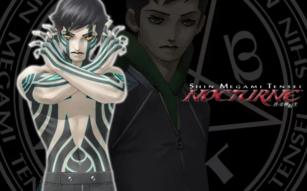 HD desktop wallpaper featuring characters from the video game Shin Megami Tensei: Nocturne. The image showcases a character with glowing patterns and another in the background against a dark, mystical backdrop.
