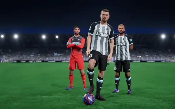 A high-definition PC desktop wallpaper featuring characters from the video game UFL, showcasing a lineup of players in a stadium under dramatic lighting.