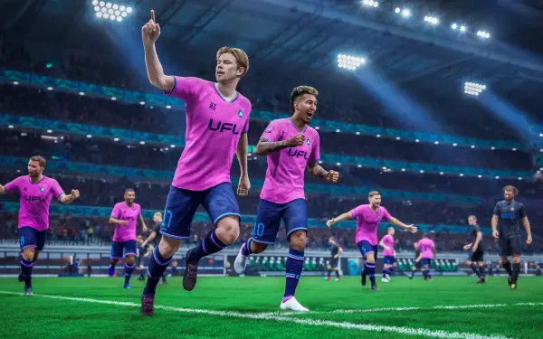 Exciting scene from the UFL video game featuring players celebrating on the pitch. The vibrant HD wallpaper showcases the thrill of football action.