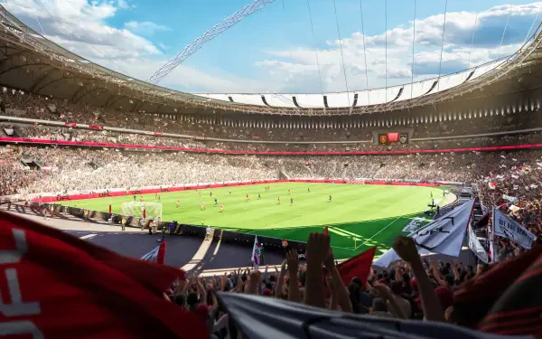 A vibrant stadium filled with cheering fans, featuring an expansive green pitch, serves as a dynamic backdrop for the video game UFL in this HD PC desktop wallpaper.