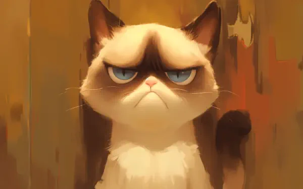 A close-up of Grumpy Cat, showcasing its signature frown and blue eyes, set against a warm, blurred background. This image serves as a vibrant 4K Ultra HD desktop wallpaper.