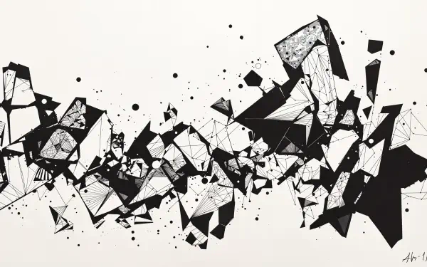 Abstract black ink artwork with geometric shapes and lines, creating a dynamic and intricate design. Ideal for a 4K Ultra HD PC desktop wallpaper or background.