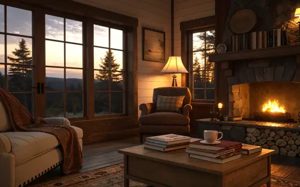 Cozy evening scene featuring a warm fireplace, comfortable armchair, and a view of trees at sunset, presented as a 4K Ultra HD desktop wallpaper.