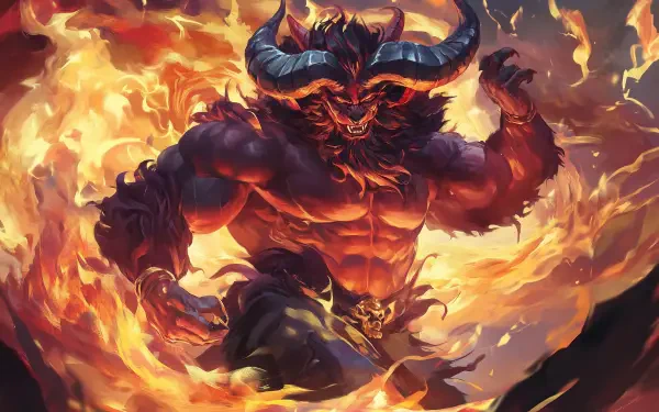 An imposing Ifrit creature emerges from vibrant flames, showcasing its muscular form and powerful presence, ideal for an HD PC desktop wallpaper or background.