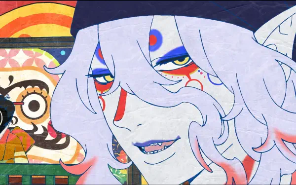 A vibrant HD wallpaper featuring a character from Mononoke The Movie: Phantom In The Rain, showcasing colorful designs and intricate facial features against a dynamic background.
