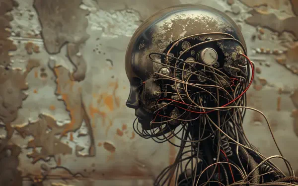 A detailed close-up of a sci-fi robot head, showcasing intricate wiring and a metallic finish against a worn background. This striking image serves as a stunning 4K Ultra HD desktop wallpaper.