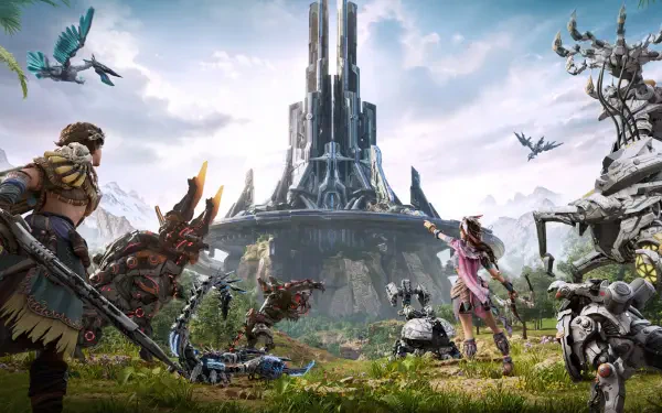 A vibrant HD desktop wallpaper from the video game Light of Motiram, featuring a futuristic landscape with characters and robotic creatures set against a towering structure.