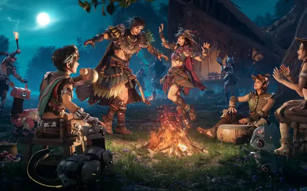 A vibrant HD desktop wallpaper from the video game Light of Motiram, featuring characters dancing around a lively bonfire under a full moon in a captivating night scene.