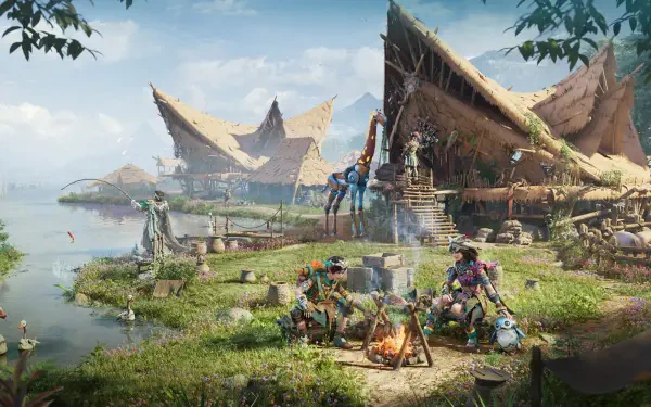 A vibrant HD desktop wallpaper from the video game Light of Motiram, showcasing characters around a campfire by unique, nature-inspired structures in a lush landscape.