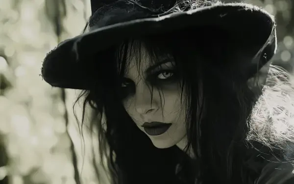 A captivating witch with dark, flowing hair and striking makeup stares intently, embodying the essence of witchcore in this enchanting 4K Ultra HD fantasy wallpaper.