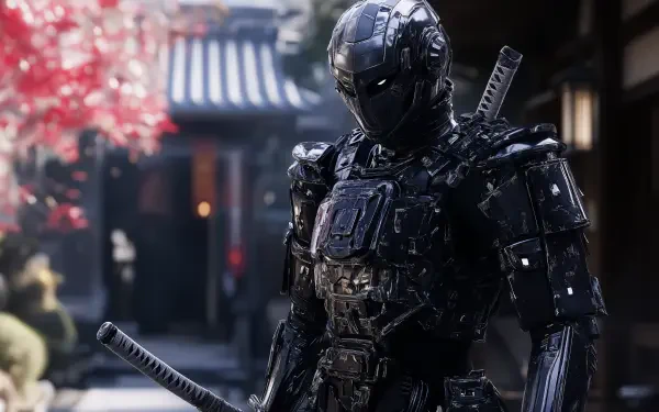 A cyber samurai in sleek, futuristic armor stands confidently with a katana, set against a backdrop of traditional architecture and vibrant cherry blossoms in this 4K Ultra HD wallpaper.