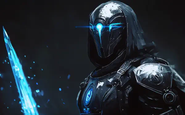 A striking sci-fi psionic warrior stands poised with a glowing blue sword, cloaked in dark armor. This 4K Ultra HD image captures a fierce and futuristic atmosphere.