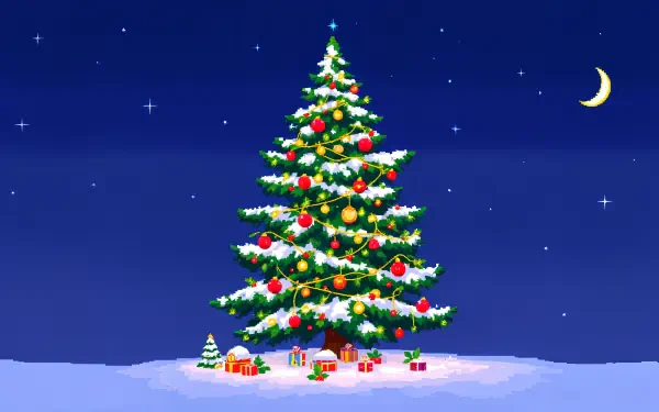 A vibrant Christmas tree adorned with colorful ornaments and surrounded by gifts against a deep blue night sky, perfect for a 4K Ultra HD PC desktop wallpaper and background.