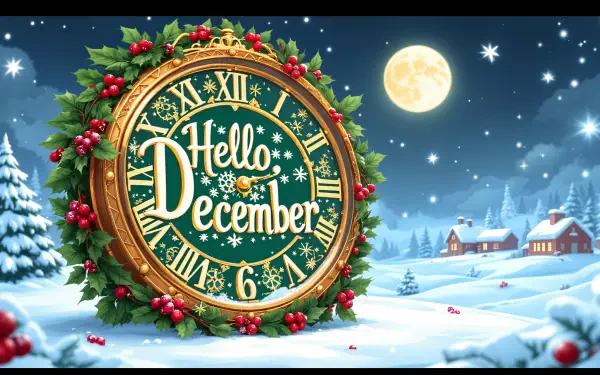 A festive 4K Ultra HD desktop wallpaper featuring a clock adorned with holly, announcing Hello December against a snowy landscape and full moon backdrop.