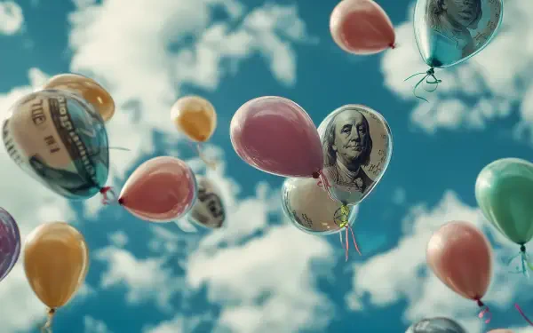 Colorful balloons featuring images of money float against a bright blue sky, symbolizing themes of money and inflation in this vibrant 4K Ultra HD desktop wallpaper.