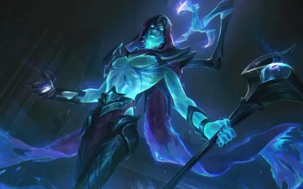 A striking 4K Ultra HD wallpaper featuring Viktor from League of Legends, showcasing his dark, arcane presence with glowing blue energy and a dramatic, ethereal background.