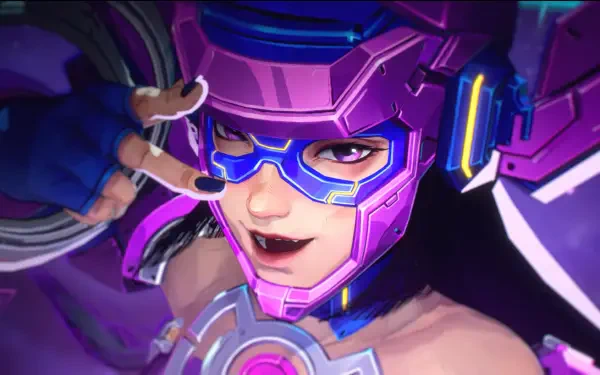 A vibrant HD wallpaper featuring Galacta from Marvel Comics, showcasing her bold pink armor and playful pose in a dynamic video game setting.