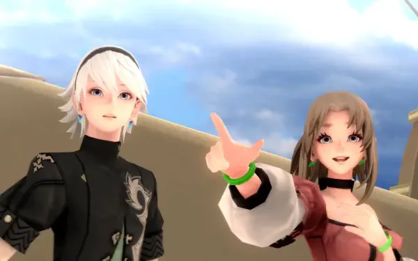 Two characters from the video game FANTASIAN Neo Dimension pose against a bright sky. The white-haired character looks inquisitive, while the other points excitedly, showcasing a vibrant scene.
