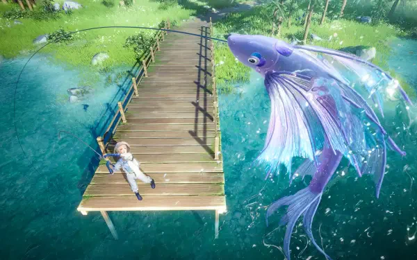 A colorful scene from the video game Infinity Nikki features a character fishing off a wooden pier, with a large, ethereal fish emerging from the water in a vibrant, lush environment.