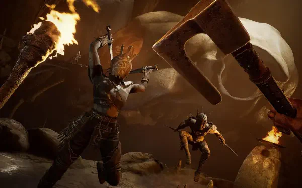 An intense scene from Skydance's BEHEMOTH, featuring characters engaged in battle amidst dramatic lighting and ominous structures, presented as a high-definition PC desktop wallpaper.