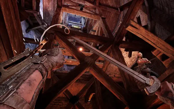 A detailed scene from Skydance's BEHEMOTH, showcasing a character aiming a weapon amidst a beautifully rendered wooden structure in 4K Ultra HD.