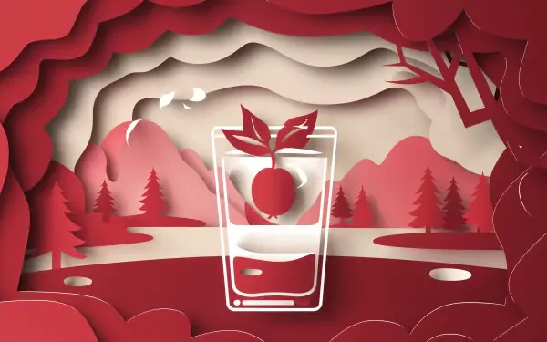 A vibrant 4K Ultra HD wallpaper featuring a paper-cut style landscape in shades of red, with a glass of juice decorated with leaves and a cherry, surrounded by stylized mountains and trees.