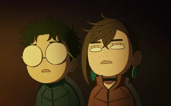 HD anime wallpaper featuring characters Ken Takakura and Momo Ayase from Dandadan with a dark, moody background.