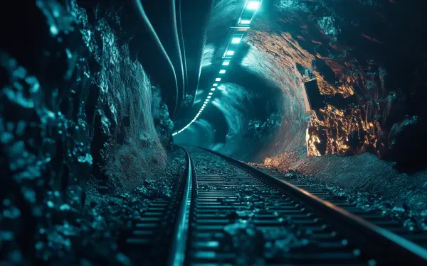 An HD desktop wallpaper featuring a dimly lit railroad tunnel with glowing lights, rocky walls, and tracks leading into the distance, creating a mysterious and immersive atmosphere.