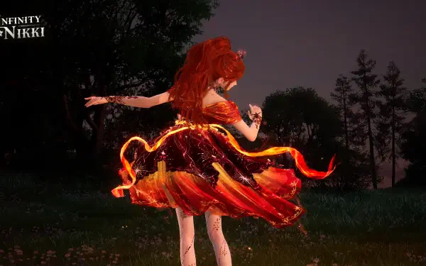 A striking HD wallpaper from the video game Infinity Nikki, featuring a character in a vibrant, fiery dress, dancing gracefully amidst a serene outdoor backdrop.