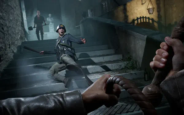 An action-packed scene from Indiana Jones and the Great Circle, featuring a character in a thrilling chase down dimly lit stairs, showcasing the game's adventurous atmosphere.